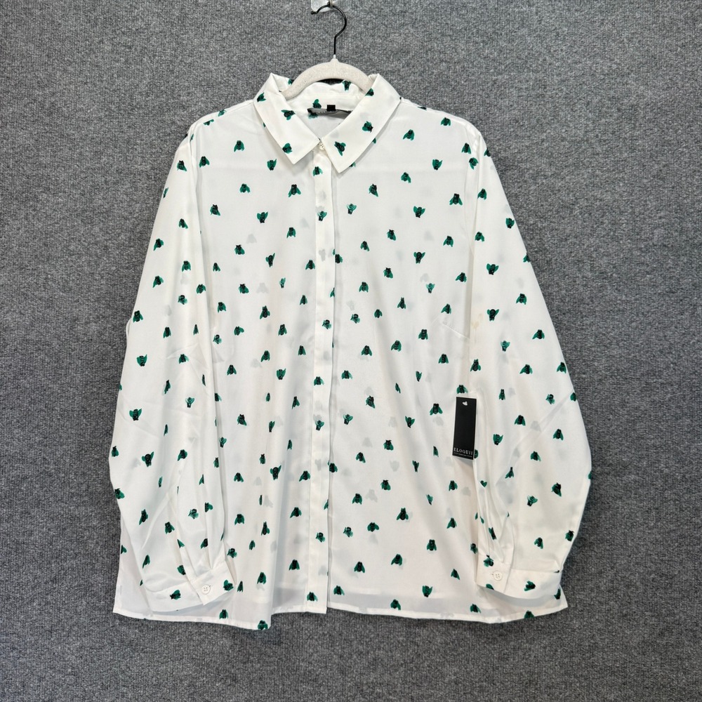 Eloquii Shirt Women 20 White Bee Print Long‎ Slv Button Up Blouse Plus Size NEW